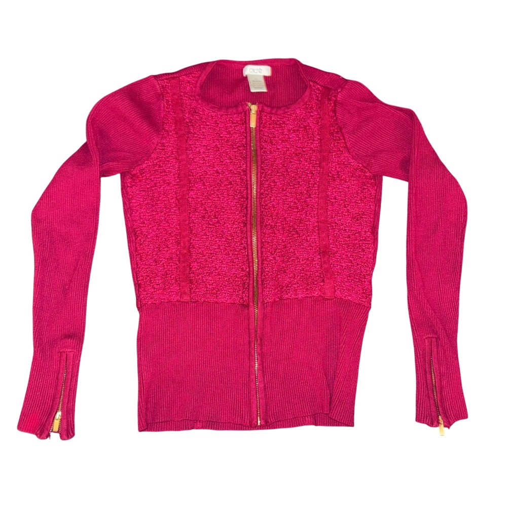 Vintage Cache‎ Pink Ribbed Zip Up Cardigan Sweater Gold Zipper Womens XS